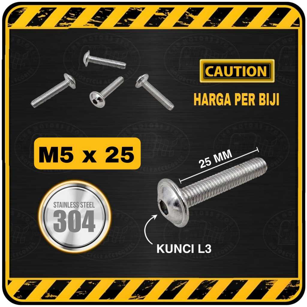 Baut L STAINLESS Button Flange M5 x 25 || M5x25 ( Setara Baut Kunci 8 | Panjang 25 mm / 2,5 cm )