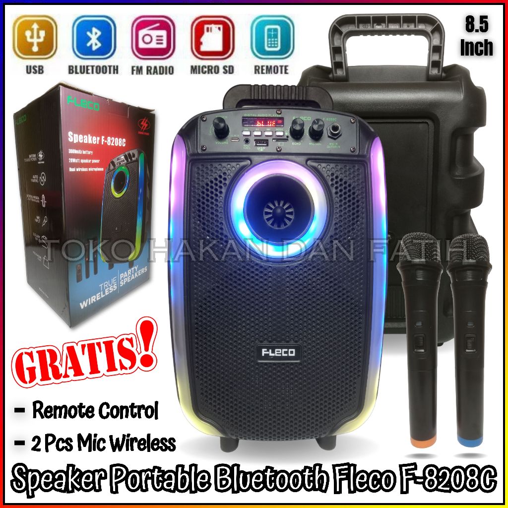 SPEAKER BLUETOOTH FLECO F 8208C 8'5 INCH FREE 2 PCS MIC WIRELESS KARAOKE + REMOTE - SPEAKER KARAOKE 