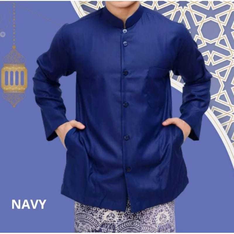 Koko Pria Baju koko pria lengan panjang putih model kerah shanghai saku samping bahan katun Muslim L