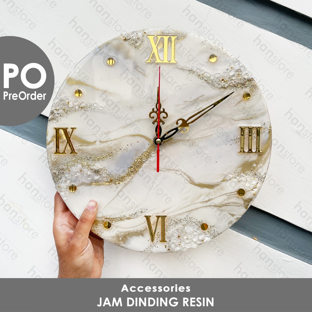 PO Resin Art Clock White Gold and Pearl + Natural Stones Geode  / Jam Dinding Resin / Home Decor Clo