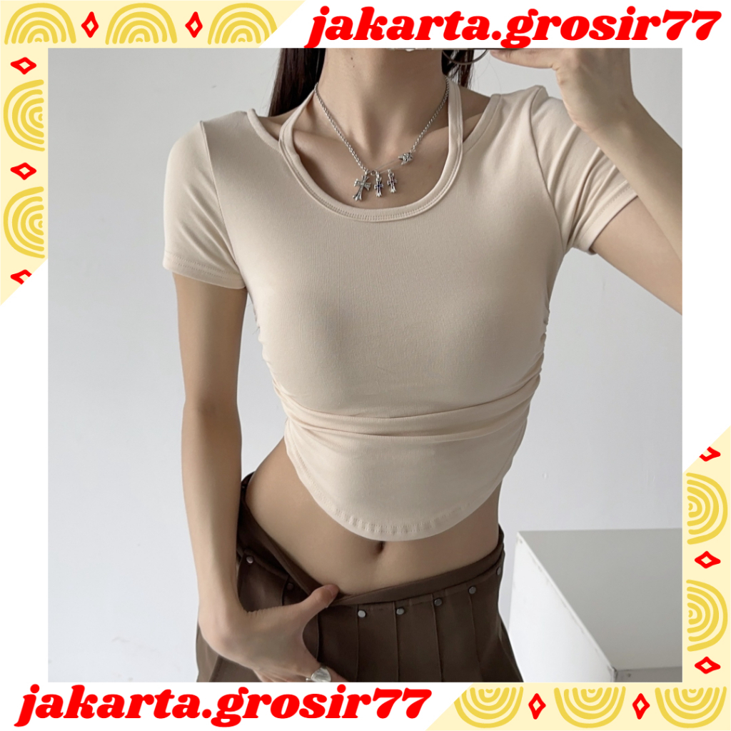 JG BJ414 Baju Atasan Kaos Spandek Korean Wanita Sexy Lengan Pendek Leher Tali Leher Fashion