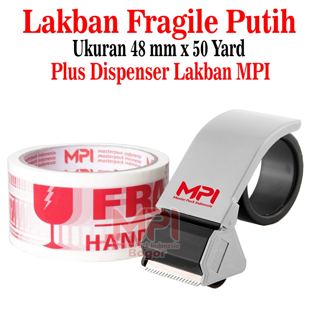 

Lakban Fragile Putih MPI 48 mm x 50 Yard + Dispenser Lakban - Master Pack Indonesia Bogor