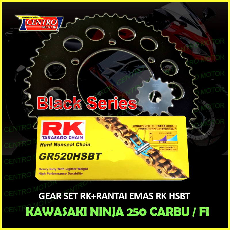 GEAR SET NINJA 250/FI RK TAKASAGO dengan Rantai EMAS RK HSBT. KUAT,AWET,PRESISI
