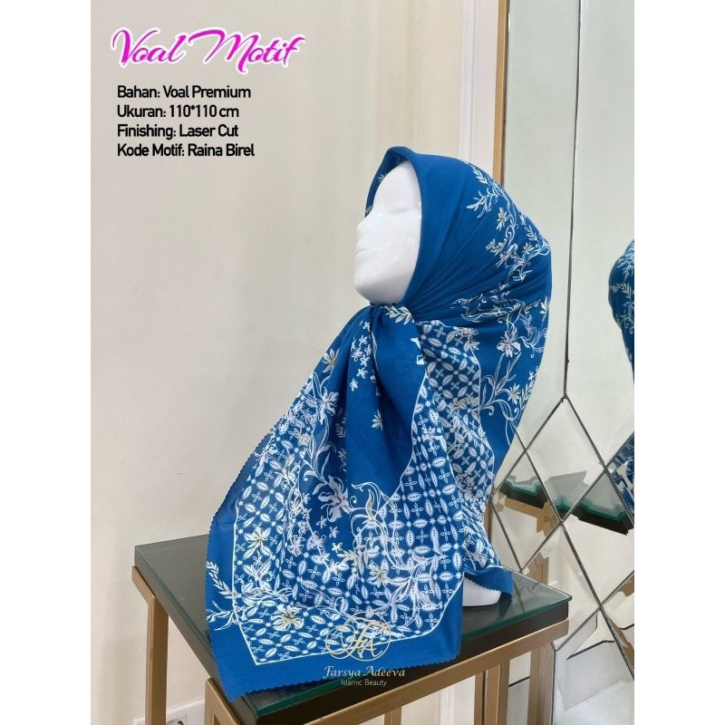 Hijab Segi Empat Voal Motif Raina Warna Biru Kerudung Jilbab Murah Terbaru