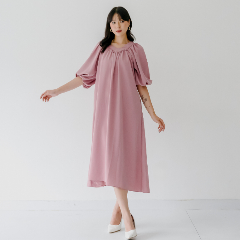 Suarahati - Seline Silk Long Dress Gaun Panjang Wanita / Baju Terusan Satin Lengan Balon Dres Formal