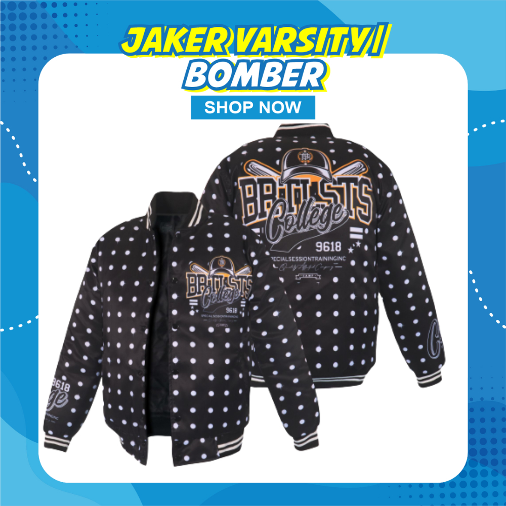 Jaket Baseball Varsity Vintage Jacket Pria Wanita Printing Motif CAMP