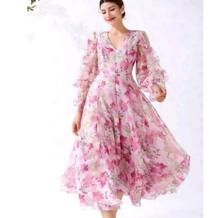 91933 Baju Maxidress JAVELIN RUFFLED FLORAL VNECK MAXI DRESS bunga pink dres Korea Korean style wani