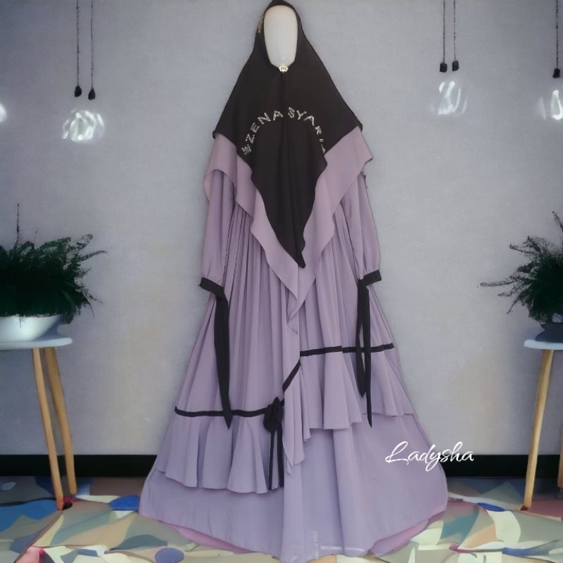 Set Gamis ZENA SYAR'I purple Ceruty Babydoll Armany Premium
