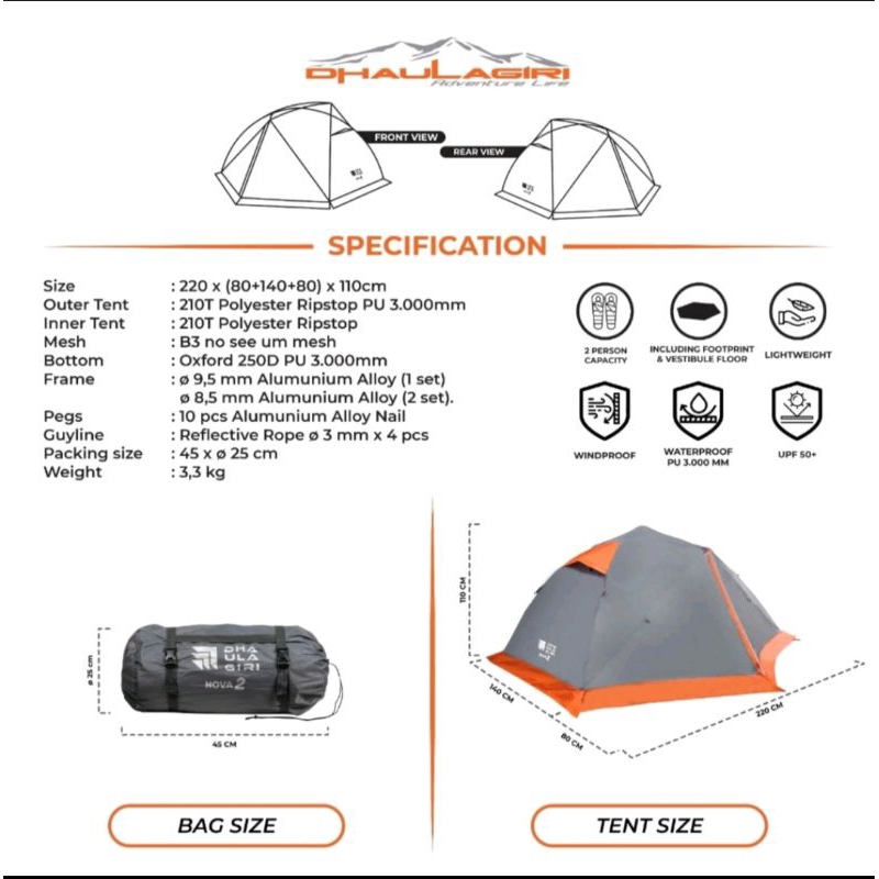 Tenda camping DHAULAGIRI NOVA 2 include footprint / tent dome UL kapasitas 2 person