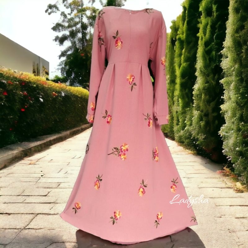 Dress Pink Bordir Bunga Gamis Crinkle Airflow