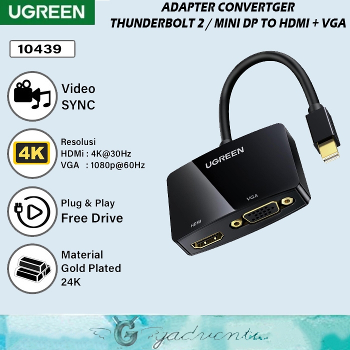 UGREEN Converter Mini DP to HDMi / Adapter VGA Laptop Thunderbolt 4K 30Hz Untuk Layar Monitor PC Kom