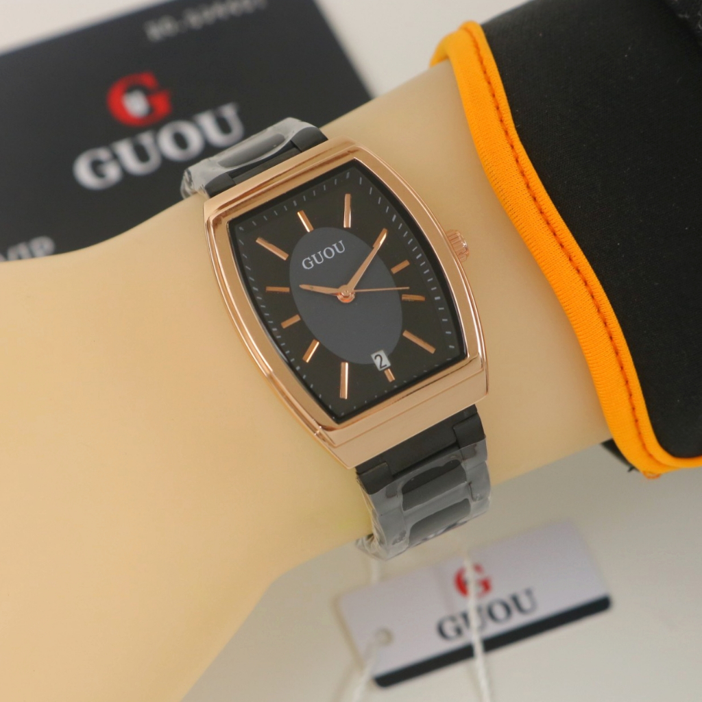 Jam Tangan Wanita Guou Analog Oval Tanggal Original Rantai Stainless Steel