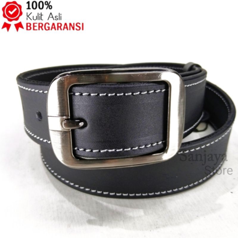 Sabuk Ikat Pinggang Kulit Pria Gesper Kulit Asli Belt Kulit Sapi Jahitan