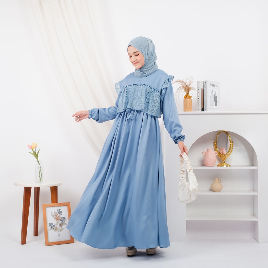 Maria Collection Meysha Dress Gamis Elegan Kondangan Muslim Mewah Shakila Kombinasi Brokat Cantik Wanita Nyaman S fit L Busui-blue dusty