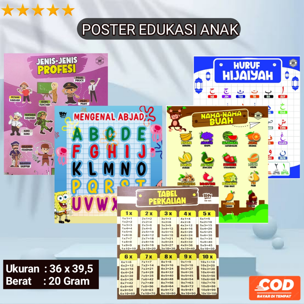 

Poster Edukasi Anak / Poster Dinding / Poster Huruf Hijaiyah / Mengenal Waktu / Benda Di Sekitar / Tata Surya / Doa Sehari Hari / Profesi [BUMINOVEL]