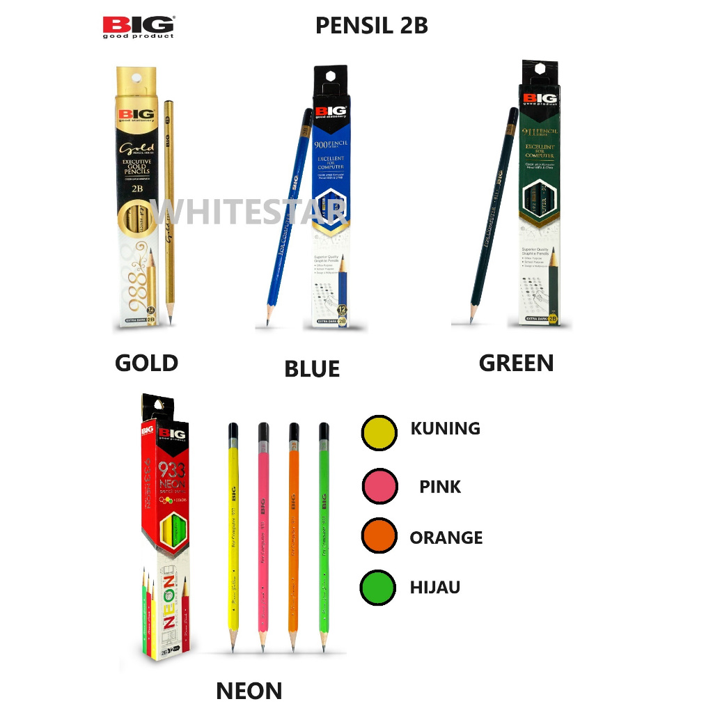 

pensil big 2B warna biru , hijau , neon , gold
