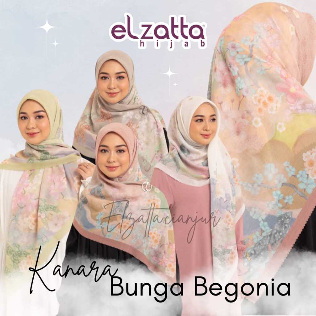 ELZATTA HIJAB SEGI EMPAT KANARA PESONA BUNGA BEGONIA SCARF PREMIUM BAHAN VOAL PREMIUM KERUDUNG ELZAT