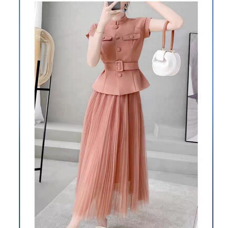 13160 Set2PCS Setelan ONESET baju atasan BELTED TOP SET ROK PLISKET MIDI SKIRT Korea Korean style wa
