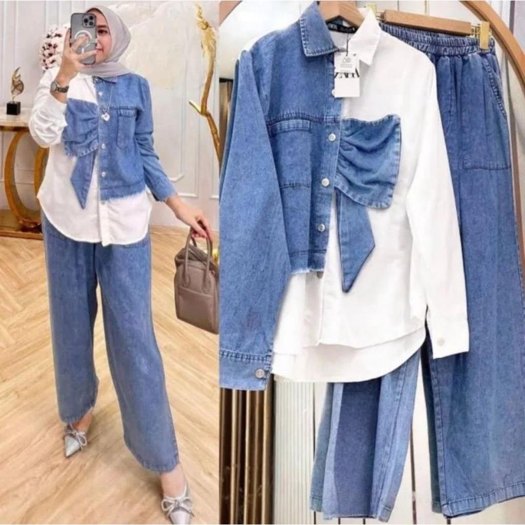 Narnia Set Jeans Premium Baju Setelan Wanita Kekinian Terbaru One Set Jumbo Korean Style