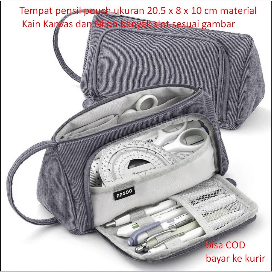 

Tempat pensil pouch ukuran 20.5 x 8 x 10 cm material Kain Kanvas dan Nilon banyak slot sesuai gambar