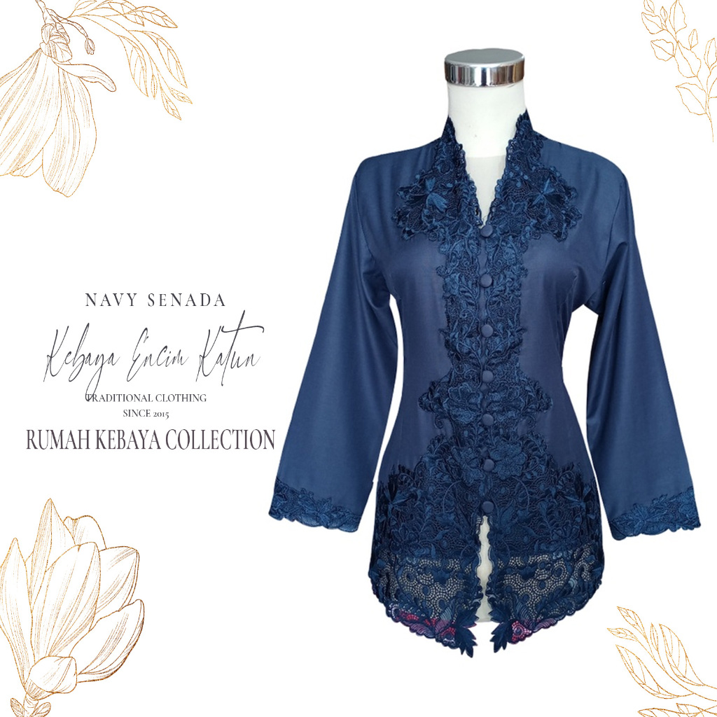 Kebaya Encim Kartini Katun Bordir Modern Navy Senada Lengan Panjang Bigsize Jumbo