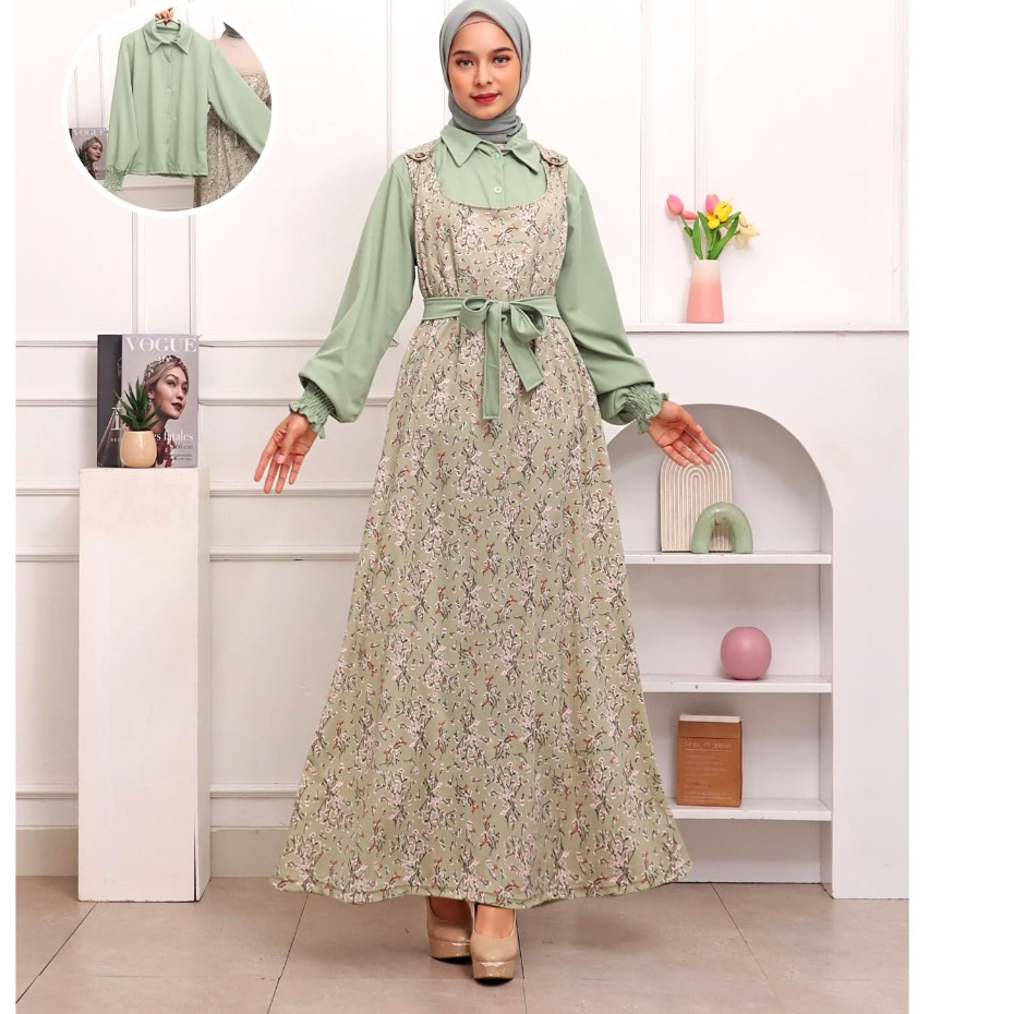Gamis overal busui oversize motif bunga mayung + inner kerah kemeja (kancing aktif) lengan panjang b