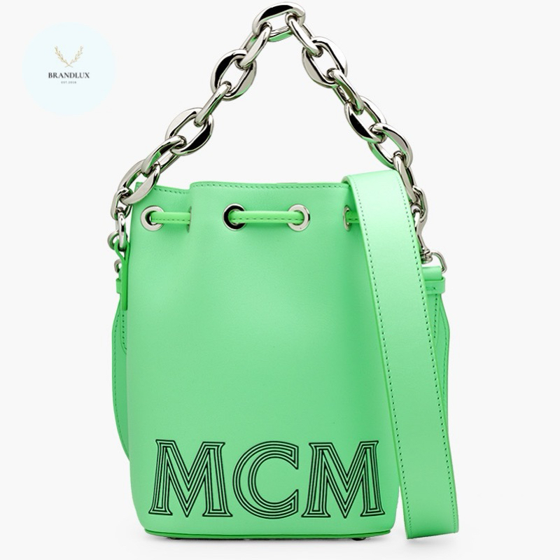 MCM Mini Drawstring Bucket Bag in Summer Green with Chain Handle