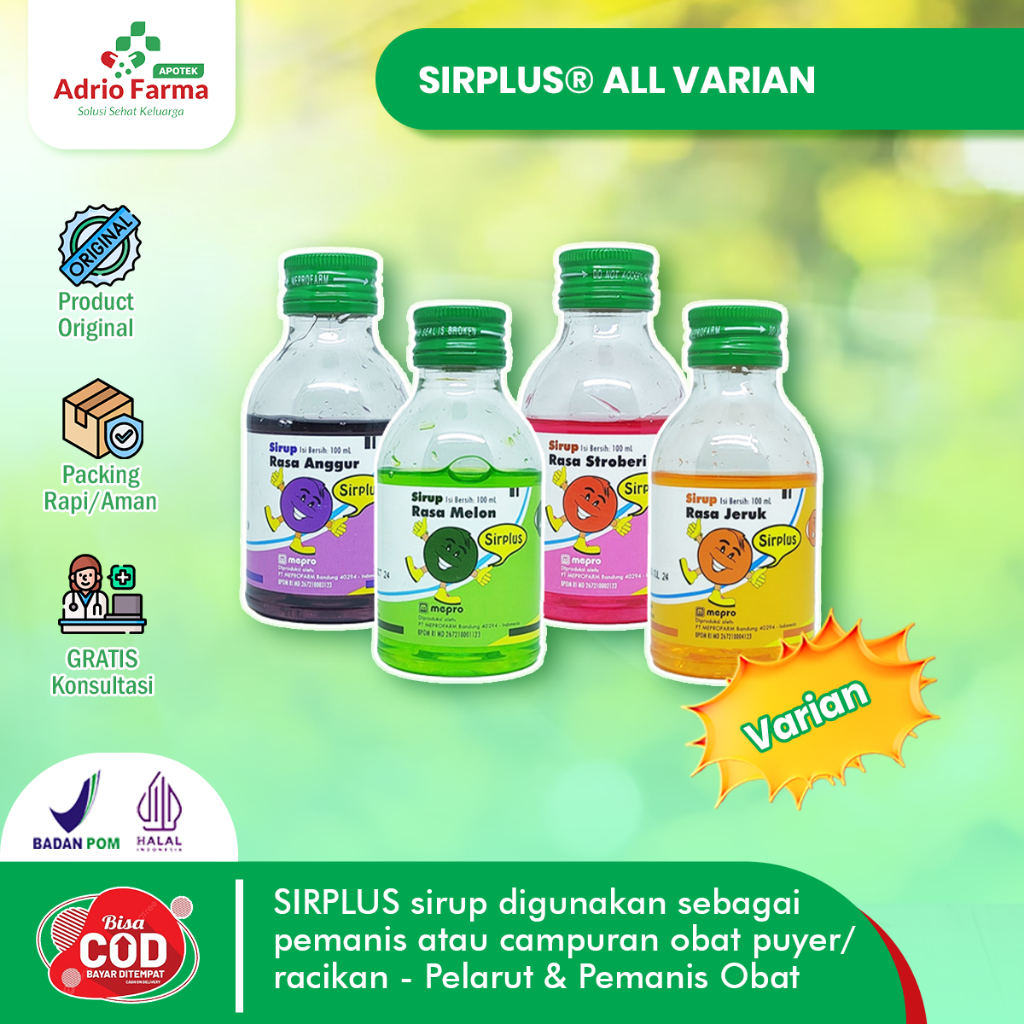 

SIRPLUS - SIRUP PEMANIS Botol @ 100ml - ALL VARIAN - Pemanis Campuran & Pelarut Obat Racikan - Puyer - ANGGUR / STROBERI / JERUK / MELON