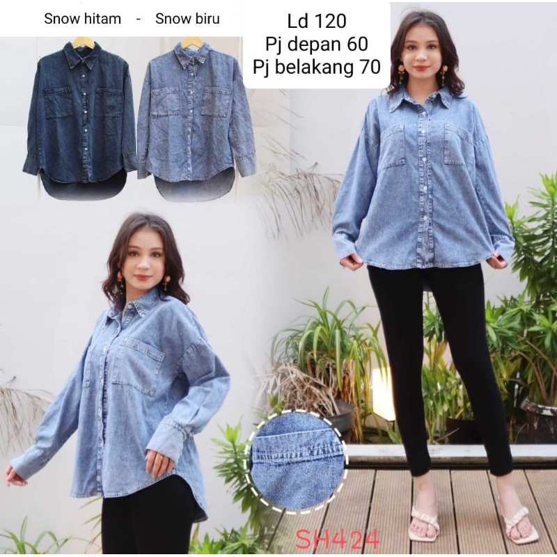 SW424 Kemeja Wanita Jeans Snow Denim Full kancing jumbo Ld120 lengan panjang polos