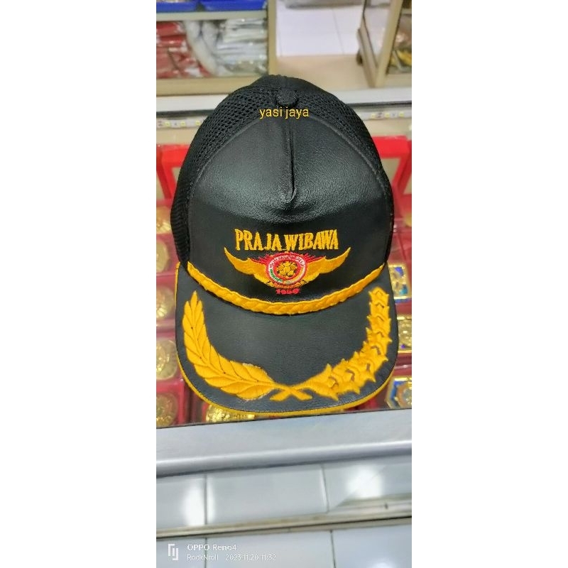 Topi satpol pp jaring mix kulit olahan | logo bordir | warna hitam gol eselon 3/4