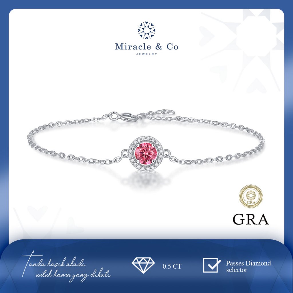 Miracle & Co - Gelang Pink Round Shape  - Gelang Wanita Batu Berlian Moissanite Asli Sertifikat GRA 