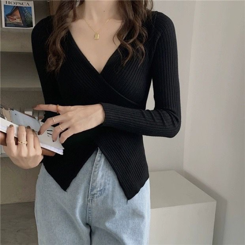 Atasan Rajut Vneck Korean Style / sweater wanita lengan panjang korean style