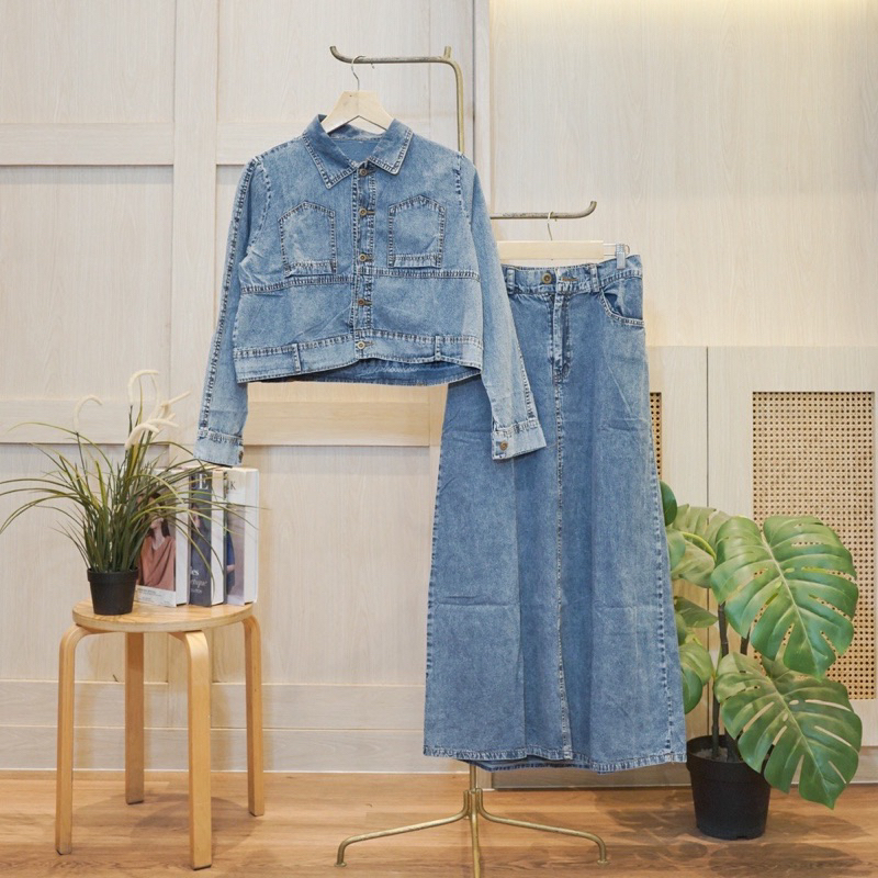 denim long dress setelan rok dan atasan jeans