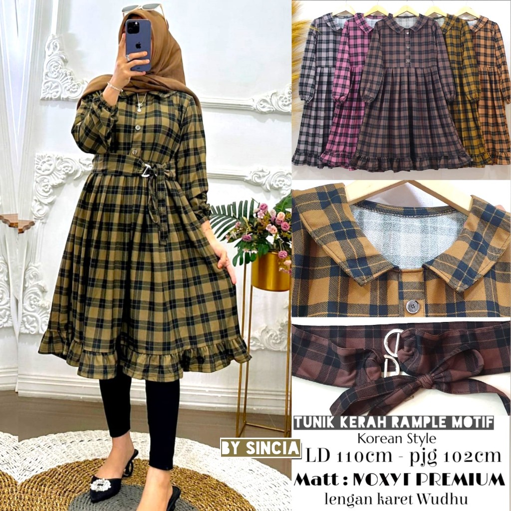 Tunik rempel mode kancing kerah bulat motif kotak tali pinggang bahan voxy merk sincia