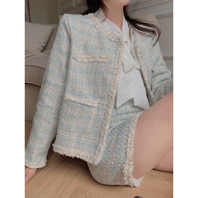 Setelan set wanita korea blazer rok tweed hijau