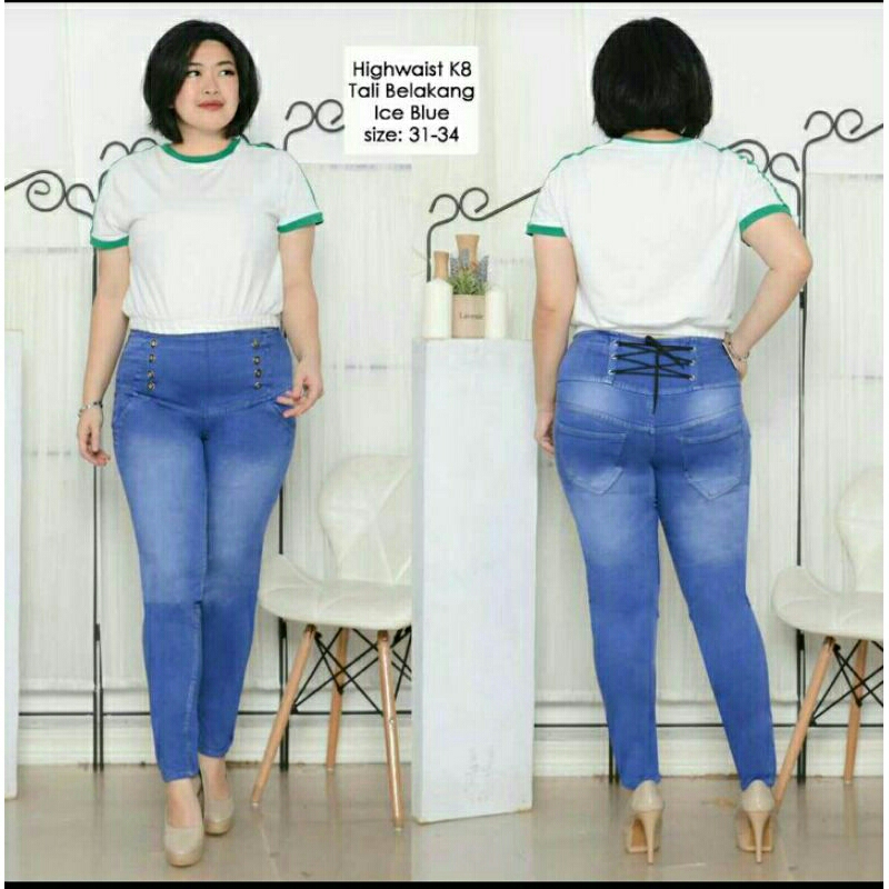Celana Jeans Wanita Jumbo Dan kecil Pensil/Skinny HW/High Waist Kancing 8 Tali Silang Belakang