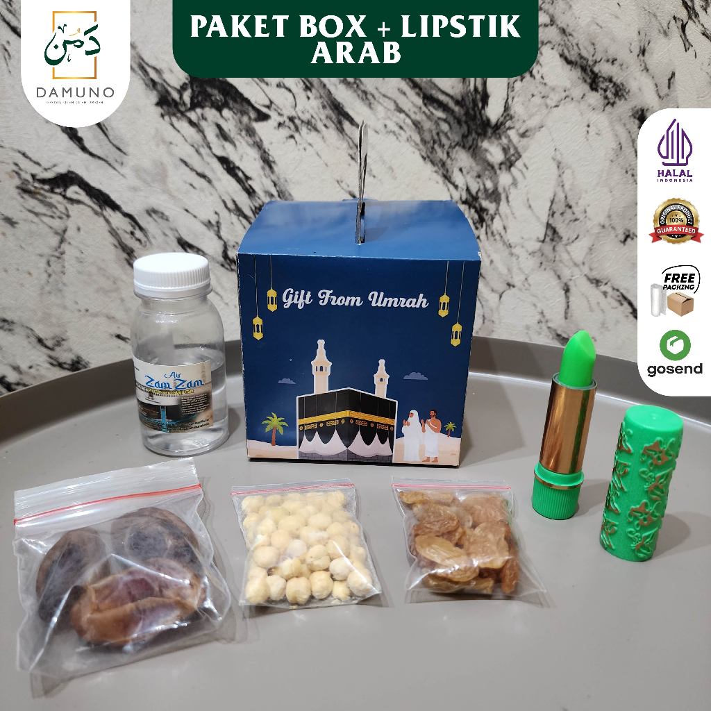 

Paket Oleh Oleh Haji dan Umroh souvenir dus kotak Air Zamzam ori + Kurma Khalas + Lipstik Arab