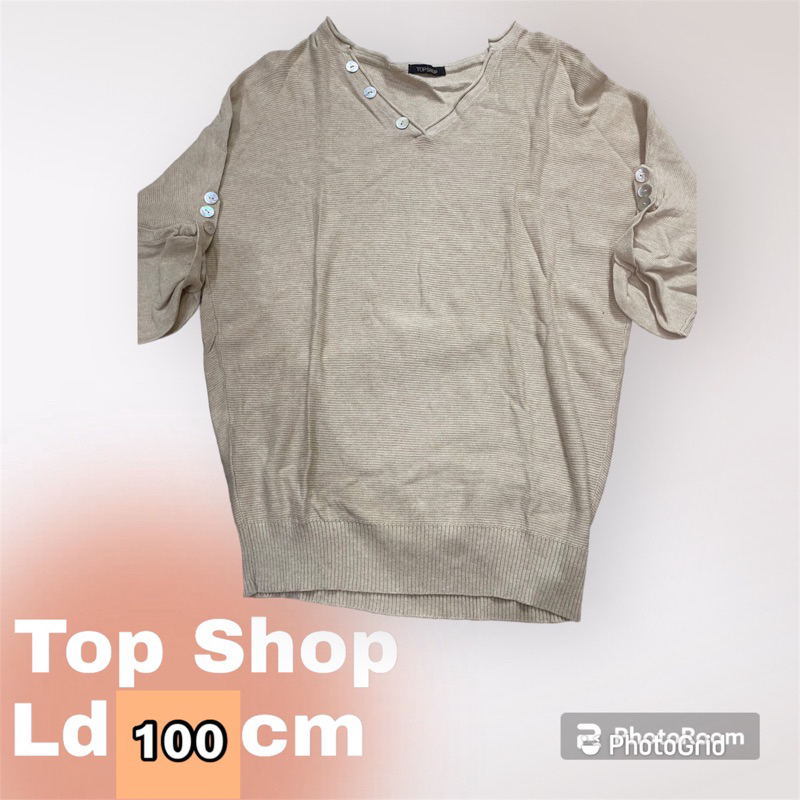 Top Shop baju atasan rajut tangan 3/4 knit blouse blus krem coklat muda tangan kancing jumbo fashion
