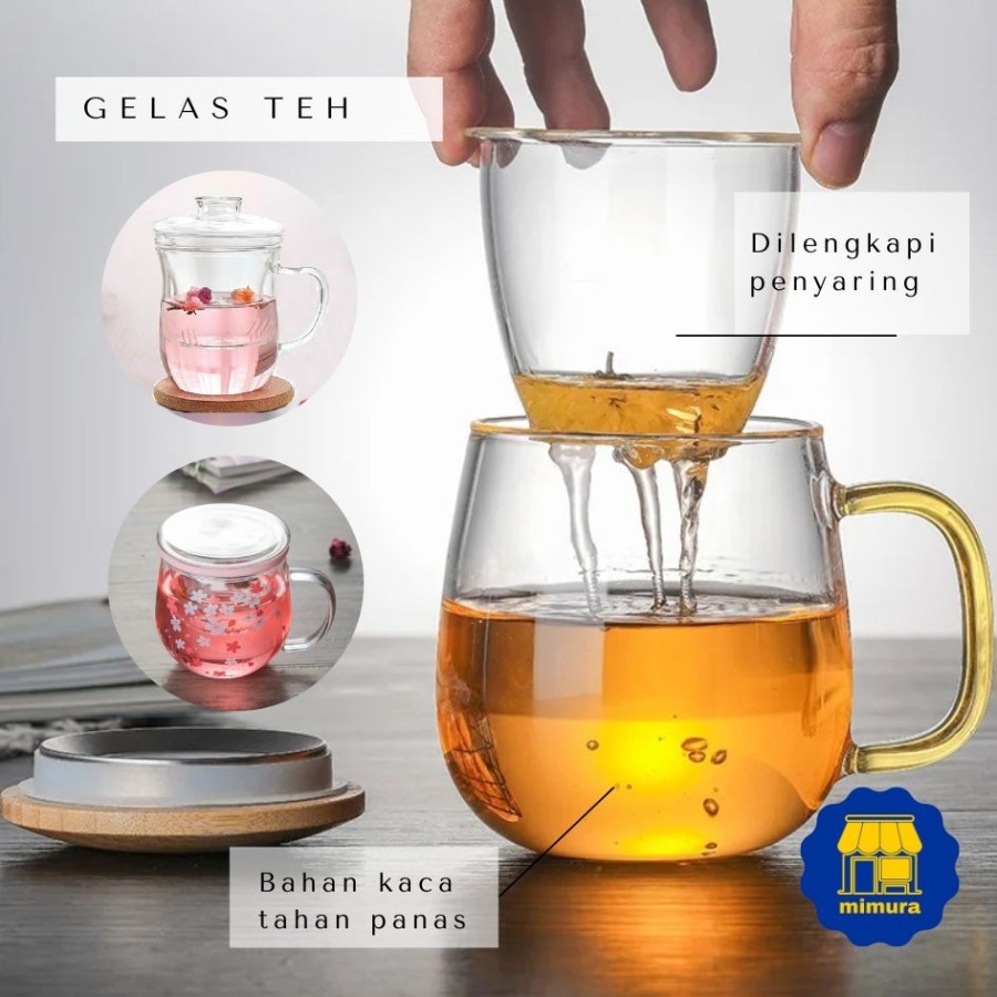 Gelas Teh Saringan Kaca Infuser Gelas Jamu 420ml