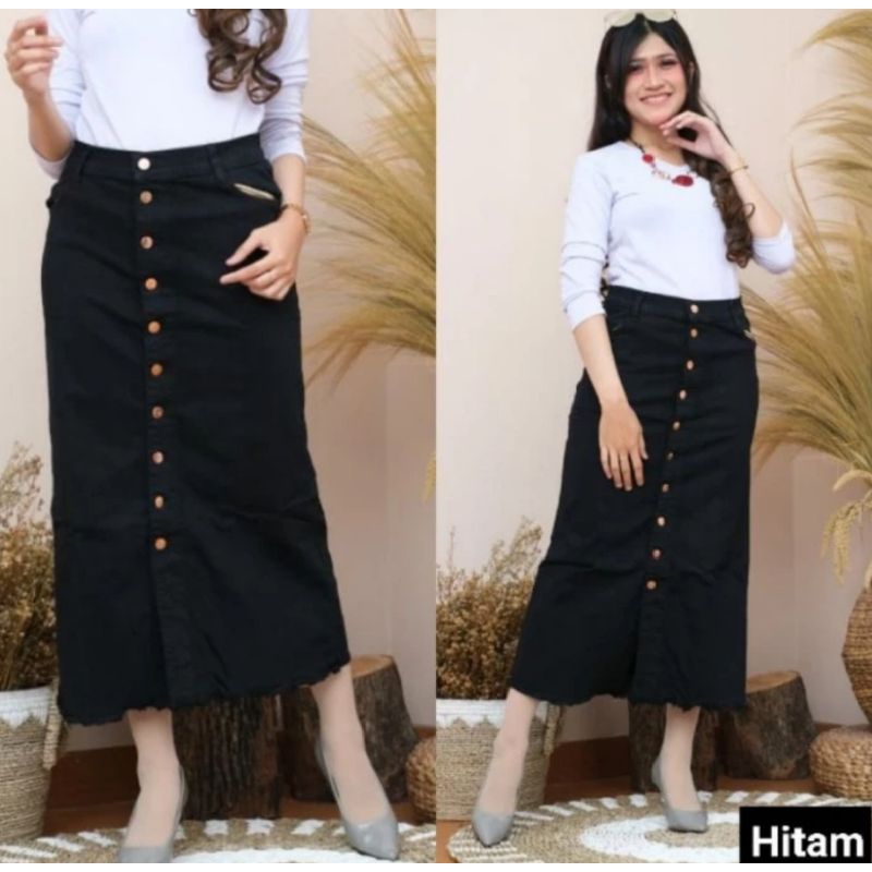 Rok Jeans Kancing, Rok Jeans Panjang, Rok Jeans Rawis