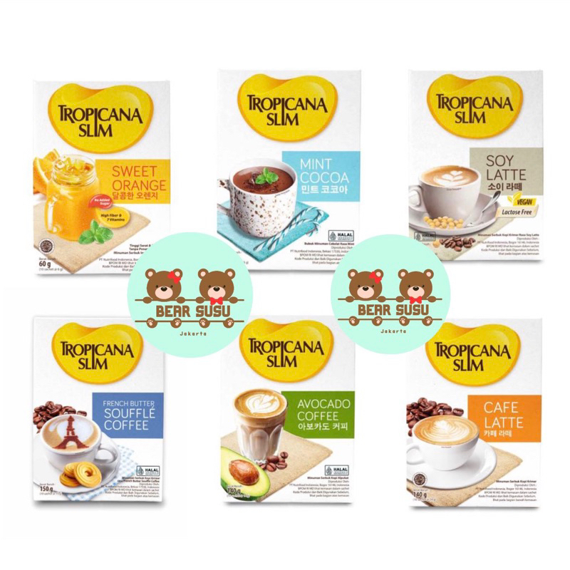 

Tropicana Slim Sweet Orange / Cafe Latte / Soy Latte / Avocado Coffee / Mint Cocoa / French Butter Souffle Coffe 10 Sachet