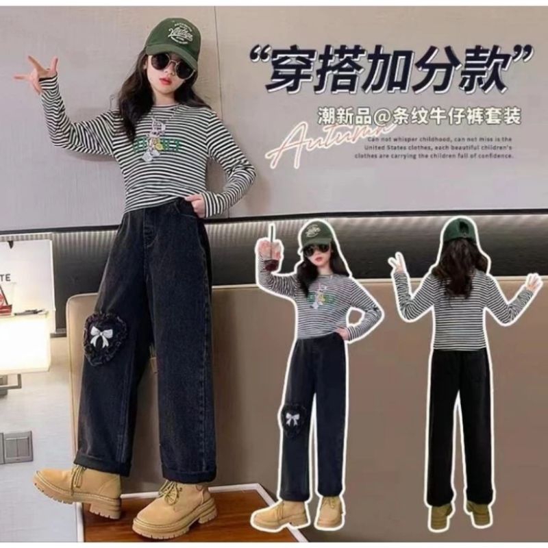 Setelan Celana Panjang Kulot Jeans + Kaos rajut knit Bangkok Korean style Premium import anak peremp