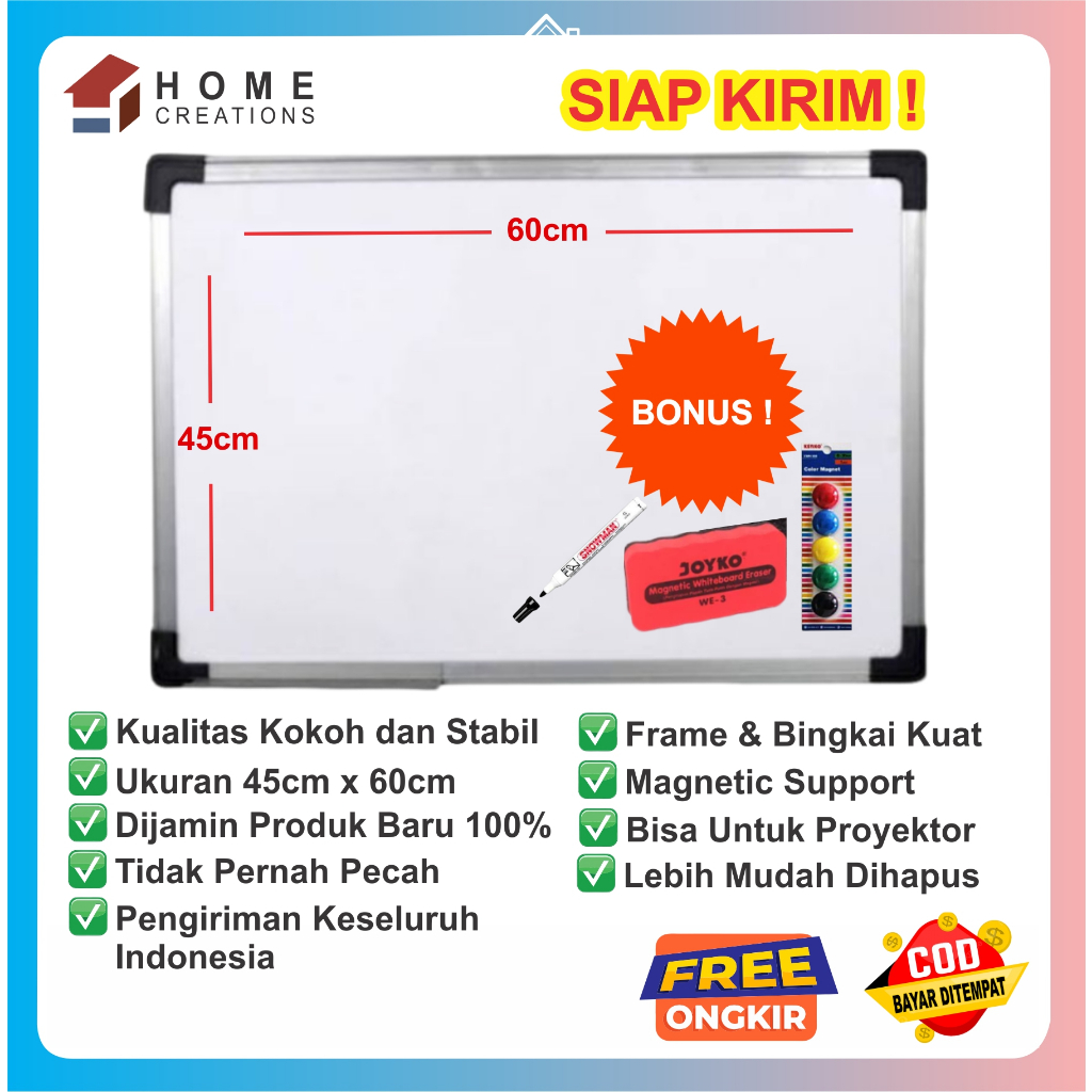 

Papan Tulis Magnetik Bonus spidol + penghapus white board + magnet warna kuran 45cm x 65cm