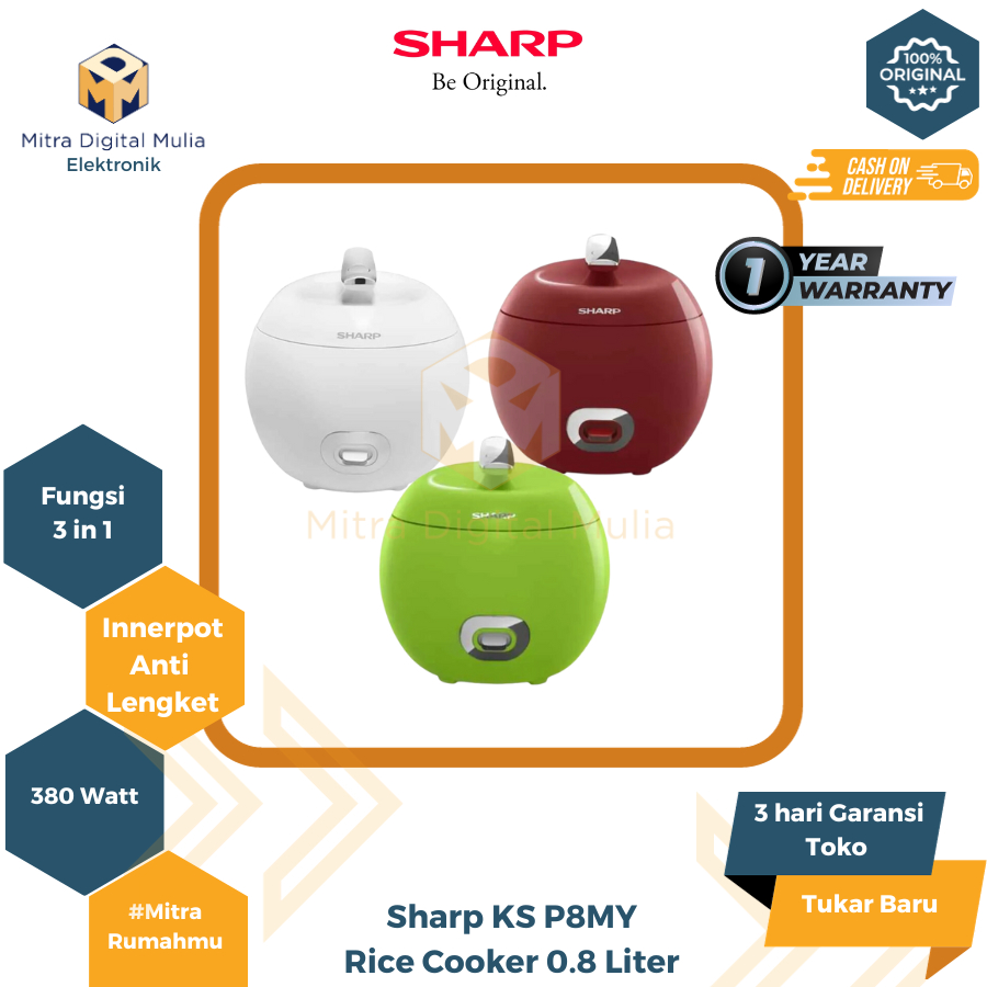 Sharp KSP8MYWH Rice Cooker 0.8 Liter Apple Design Panci Anti Lengket 380 Watt 3 in 1 Apple Series Ma