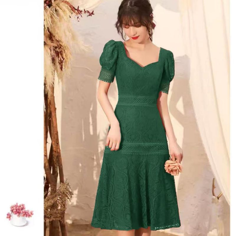 0960 Fashion minidress mini dress dres lengan pendek brokat brukat Lace leher kotak bagus natal grej