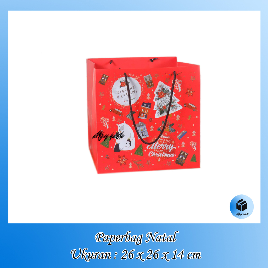 

1pack isi 5pcs PAPERBAG MERRY CHRISTMAS EDISI SEASON GREETING UKURAN 26X26X14 PAPER BAG NATAL UNTUK BOX CAKE 20X20/22X22 GOODIE BAG HAMPERS NATAL TAS KANTONG SOUVENIR KADO