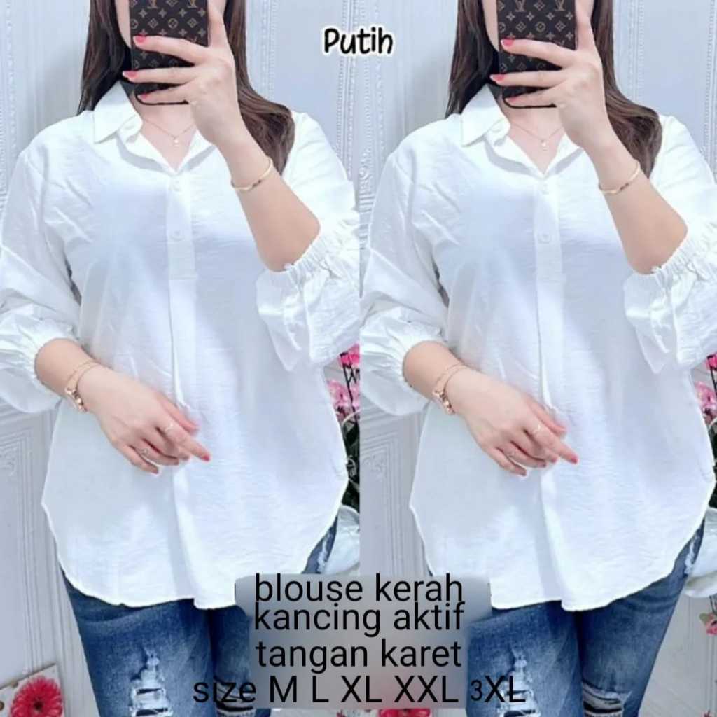 ATASAN KEMEJA WANITA/ BLOUSE KEMEJA WANITA TANGAN KARET/ATASAN WANITA/ATASAN PUTIH