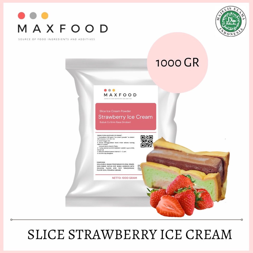 

PAKET LENGKAP>>> MAXFOOD - Slice Strawberry Ice Cream Powder / Bubuk Es Potong Rasa Stroberi 1 Kg