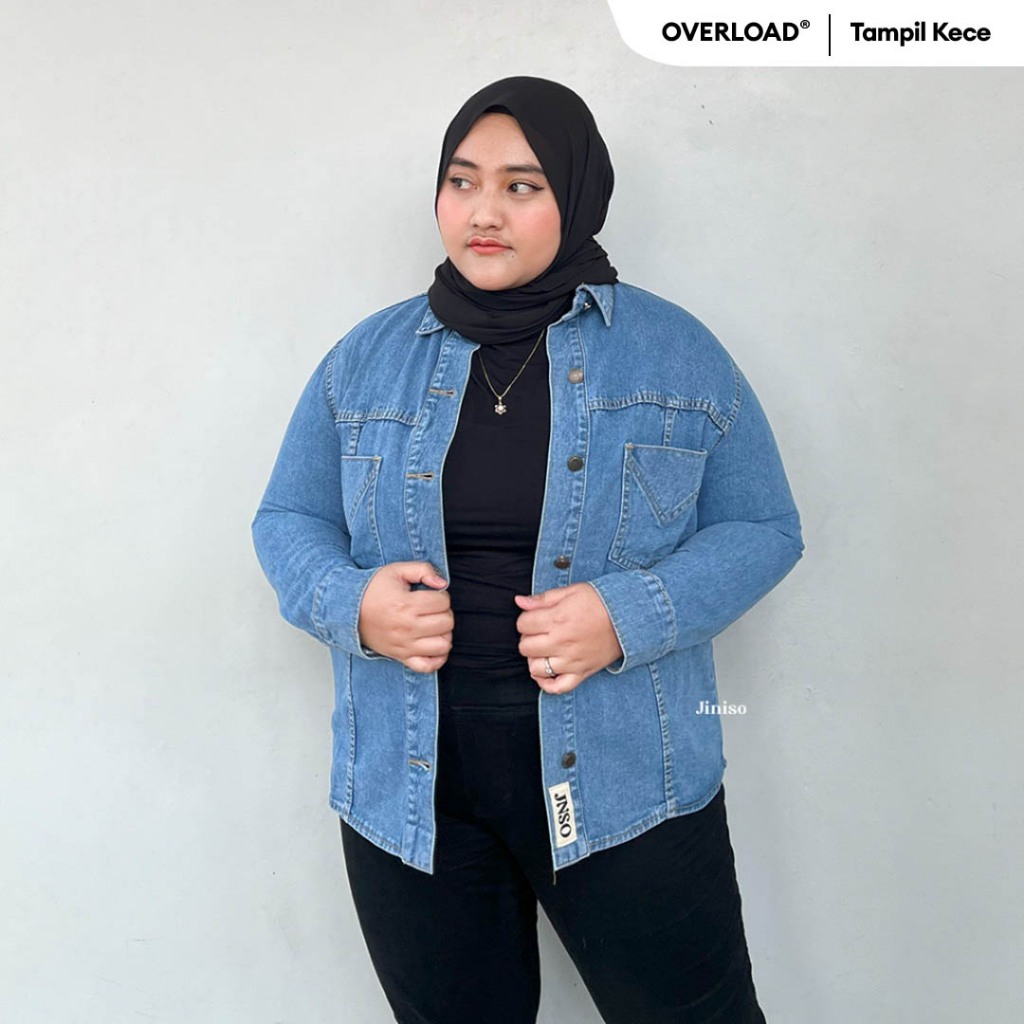 JINISO Big Size Jaket Jeans Oversize Safari Baby Blue