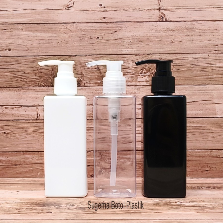 Botol Pump 250 Ml Kotak Hitam Tutup Pump Lotion / Botol Pump 250ml Bening